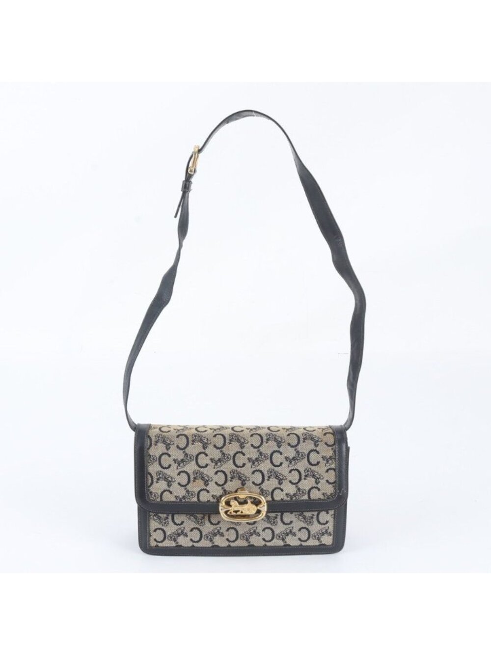 Celine Sulky Canvas Carriage Leather Shoulder Bag Crossbody Navy